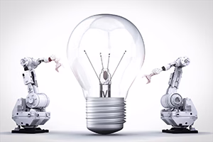 Robots fixing a light bulb