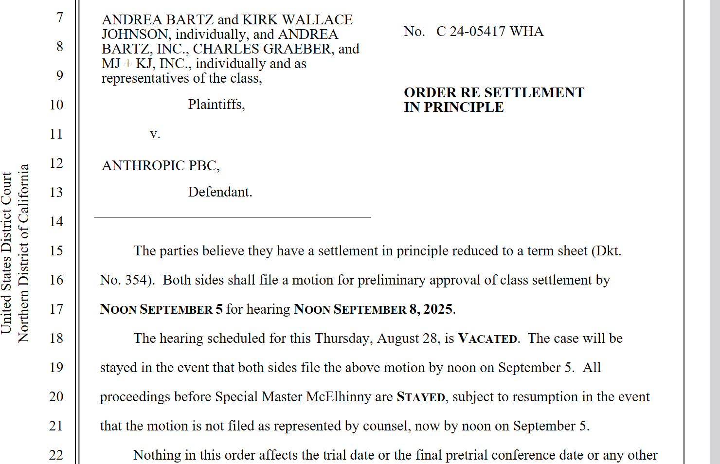 Image of order re: proposed settlement in Bartz v. Anthropic