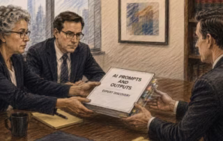 Image of people reviewing AI expert report, in the style of a courtroom sketch